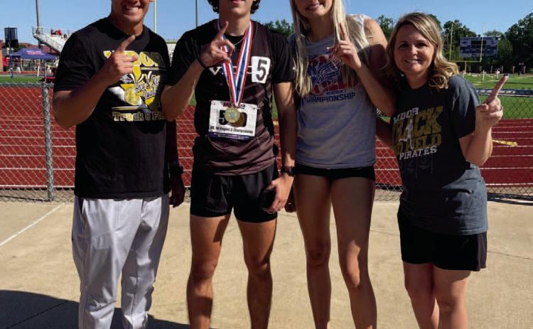 Two Vidor High School athletes will be competing in the 4A State Track Meet in Austin May 2-4 after qualifying at the Regional meet held in Bullard Friday and Monday. Raegan Stephenson will be defending her 4A State Champion title while Blake Richards will be competing in the 300 meter hurdles after his first place finish at the Regional Meet. Pictured are Coach Austin Powell, Richards, Stephenson and Coach Tracy Maines.