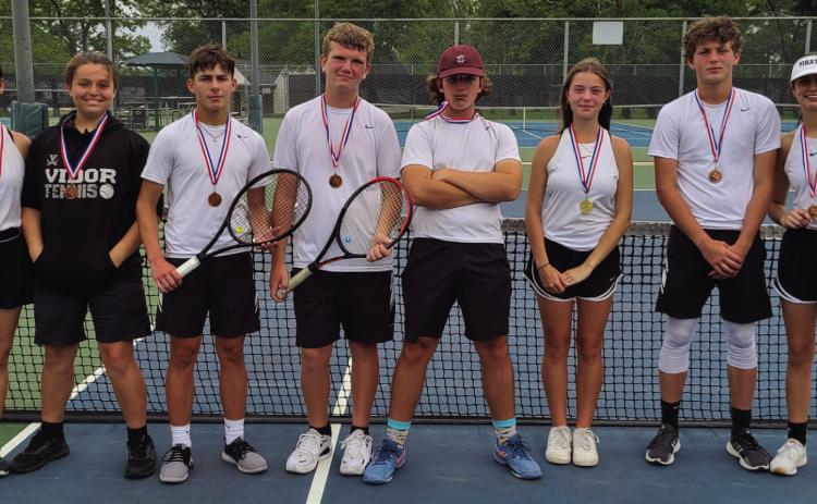 All these Vidor Tennis competitors placed in the district meet. Pictured left to right: Vanessa Davis, Hailey Daigle, Jose Guererro Evans, Lane Mathues, Shepard Rowe, Samantha Spence, Bryce Loftin, and Brityn Wooden