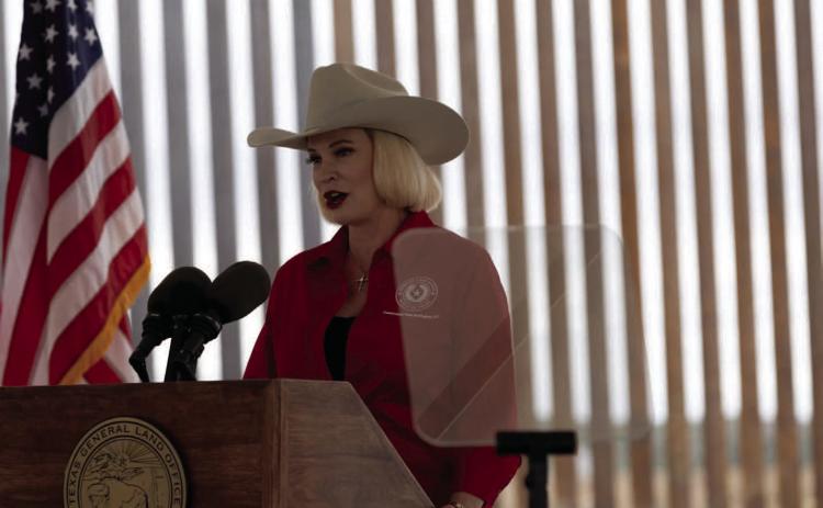 Land Commissioner Dawn Buckingham speaks at a news conference held at a state-acquired ranch in Rio Grande City on Tuesday. Buckingham promised Texas would provide the incoming Trump administration more land to stage mass deportations. Credit: Eddie Gaspar/The Texas Tribune