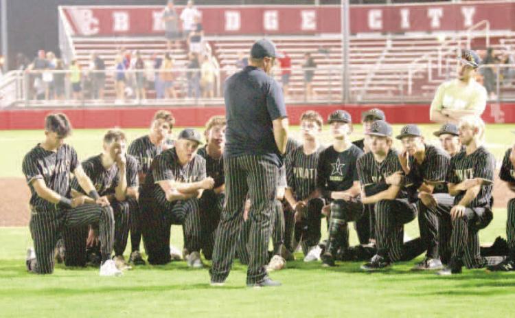Pirate Coach Jeremy Gray gives his final post-game infield talk to the 2023-2024 Vidor Pirate baseball team following their 4-1 bi-district loss.