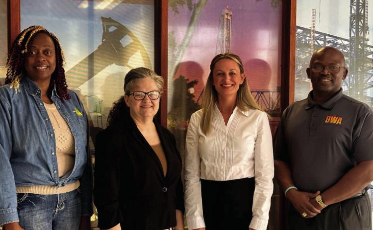 Digital Workforce Academy leaders, L to R: Caroline Brandon, DWA Program Director, Dana Willis, Workforce Solutions Southeast Texas Project Coordinator, Heather Betancourth, GTP Communications Lead, and Melvin White, Executive Director DWA.
