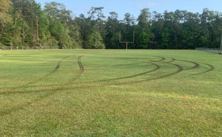 The VPIFA football field on South Main was damaged by trespassers riding ATV’s onto the field over the weekend. Photo by Randall Luker