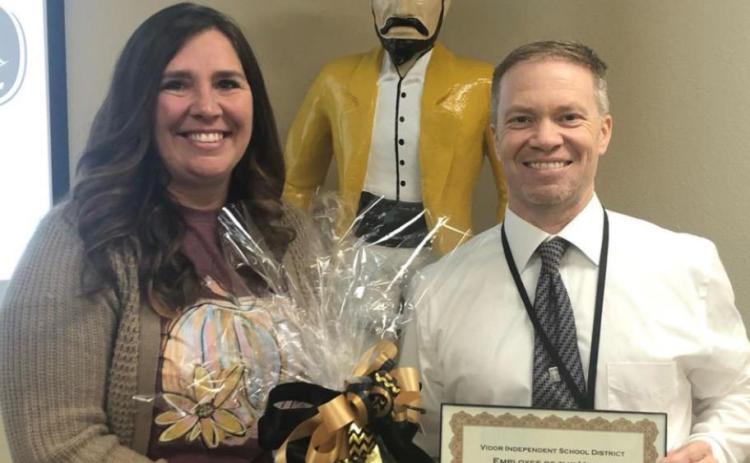 VISD Employee of the Month Nikki Castleman was recognized at the Monday school board meeting by Superintendent of Schools Dr. Jay Killgo. Courtesy Photo