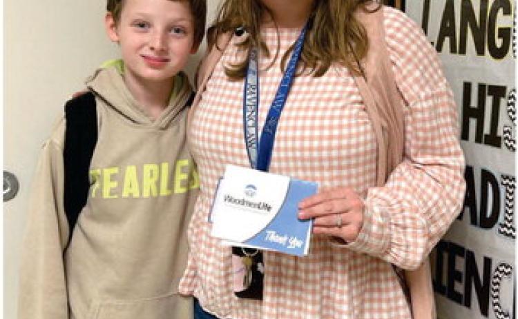 Mrs. Marissa Woodall, 5th grade music teacher at Vidor Middle School VMS, received a teacher grant from student Caden Barton. The grant is funded by WoodmenLife - Bridge City, TX Chapter 32. VISD Courtesy Photo