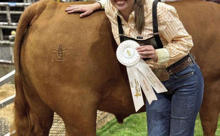 VHS Senior Ag student Lakin Funderburke’s Medium Weight Red Cross steer placed third at the Houston Livestock Show and Rodeo to earn an auction slot and sold for $10,000 Saturday.