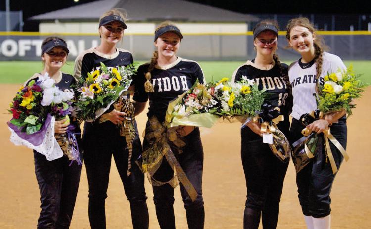 Lady Pirate Softball recognized their seniors Tuesday with a post-game ceremony. This year’s seniors are: Keira McCurley, Mallory Guilott, Natalie Morrison, Carlie Abbott, and Olivia Aery.