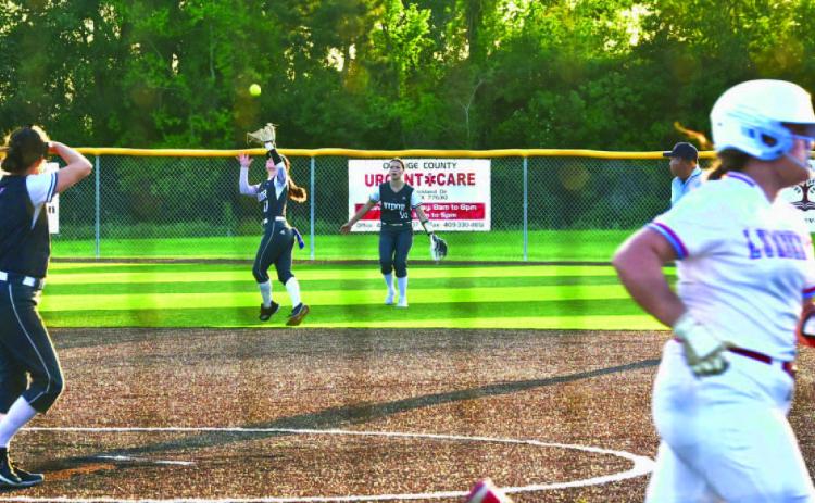 Lady Pirate Eryn Barraza gets under an infield pop up as the batter heads toward first.during Monday’s seeding game versus Lumberton. Photos by Randall Luker