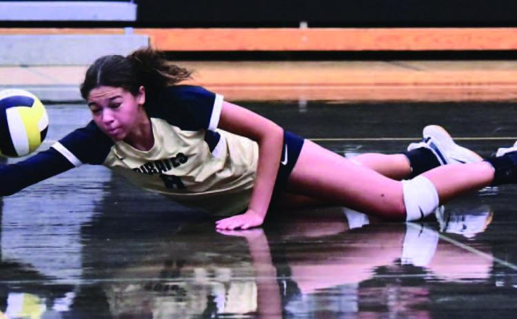 Lady Pirate Kenya Correia goes to the floor as she attempts a dive and dig versus the Lady Horns. Photo by Randall Luker