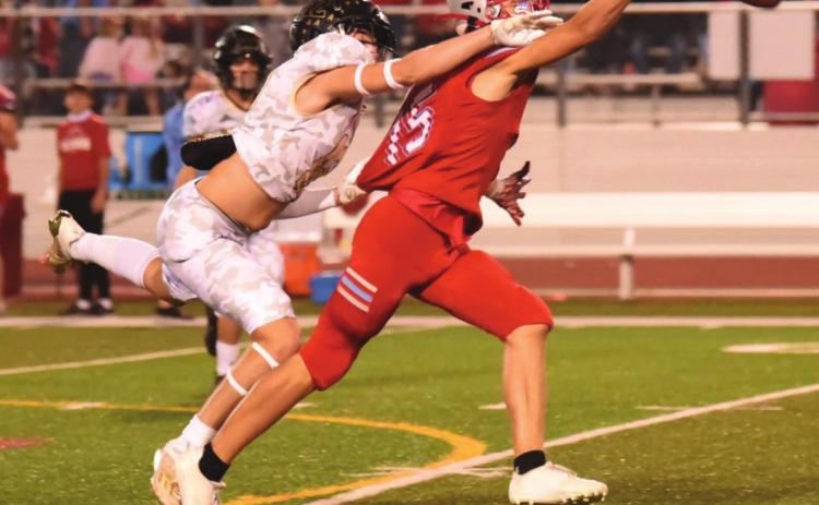 Dayton Whimire gets his hand in to break up a Raider pass Friday.