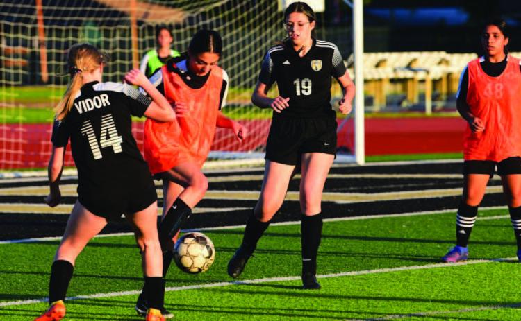 Lady Pirate Kloe Lindsey, #14, scored three goals for Vidor and Aubri Fraser, #19, scored another for the Lady Pirates in their 4-0 win over Central Middle School.