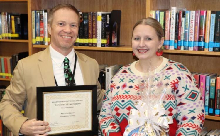 Dr. Jay Killgo, VISD Superintendent of Schools, recognized Vidor ISD's Employee of the Month, Ms. Kelli LeBeouf, art instructor at Vidor High School. VISD Courtesy Photo
